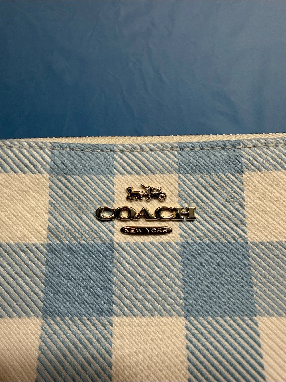Coach Blue and White Gingham Wristlet with Cherry Charm - Picture 4 of 8